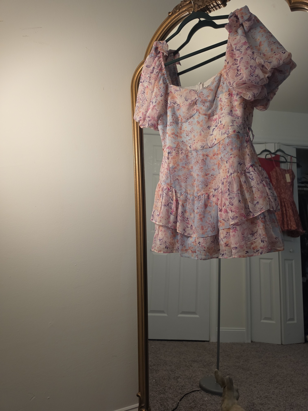 Floral Puff-Sleeve Tiered Mini Romper - Pink